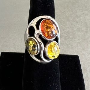 Sterling ring with 3 cabochons of tri-color amber